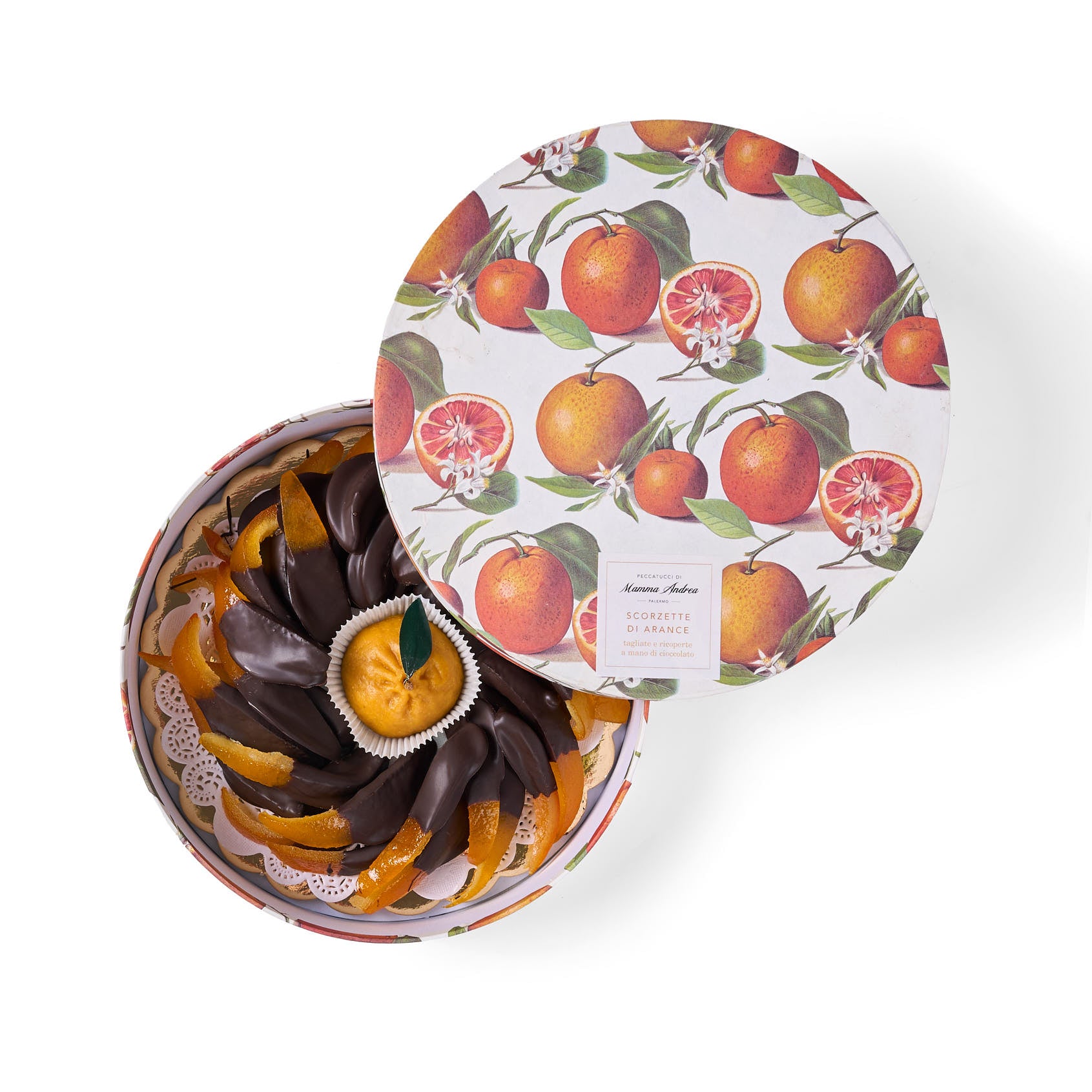Scorzette di arancia ricoperte di cioccolato fondente - Scatola tonda 22 cm e frutto in pasta reale