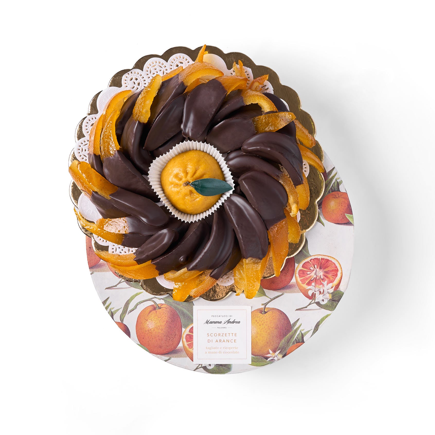 Scorzette di arancia ricoperte di cioccolato fondente - Scatola tonda 22 cm e frutto in pasta reale