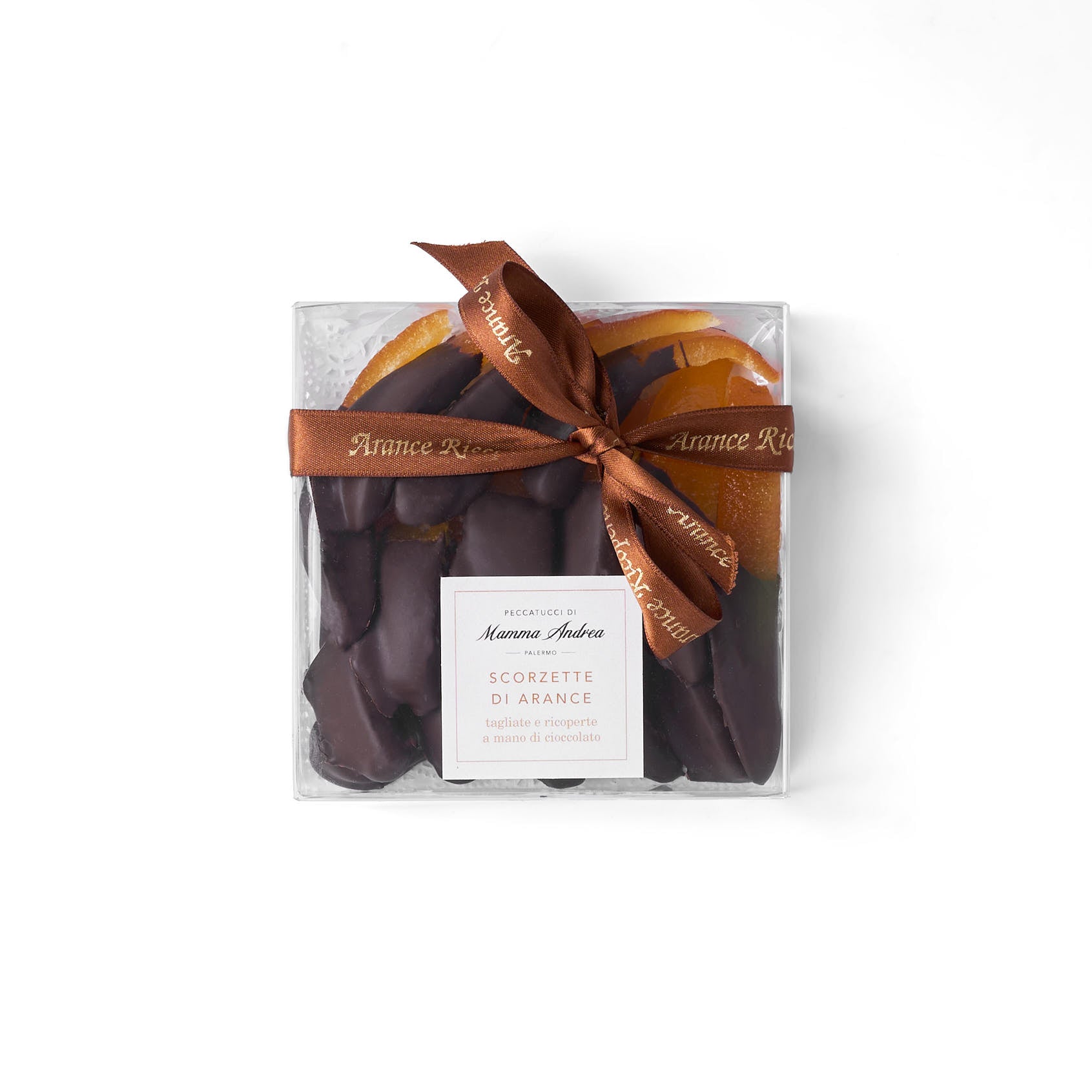 Scorzette di arancia ricoperte di cioccolato fondente - Scatola acetato quadro