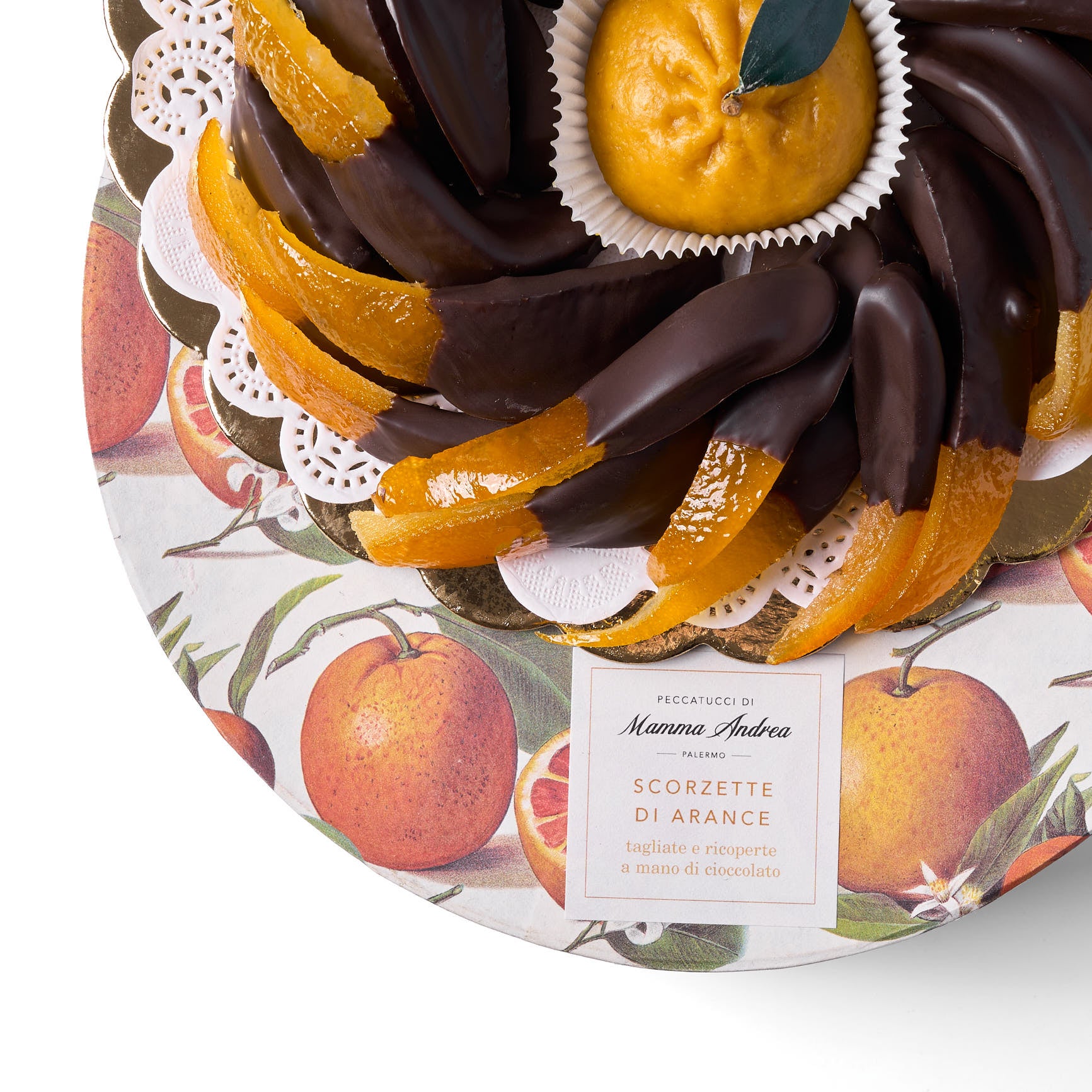Scorzette di arancia ricoperte di cioccolato fondente - Scatola tonda 22 cm e frutto in pasta reale